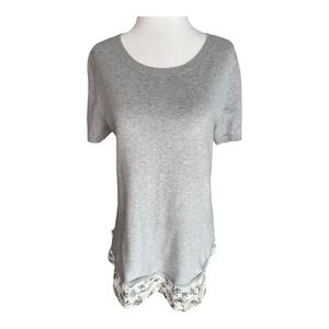 LOFT Outlet Gray Knit Top Floral Hem Short Sleeve Casual Blouse Size‎ Small